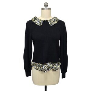 Maeve Anthropologie Black Floral Peter Pan Collar Ruffle Hem Sweater Women's XS